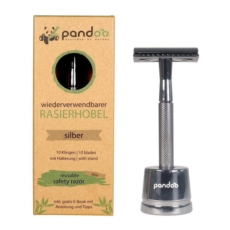 pandoo Rasierhobel Silber Rasierhobel aus Metall | inkl. 10 Klingen und E-Book | Schwarz, Silver oder Rosé Gold